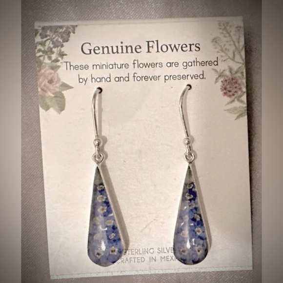 Genuine PRESSED FLOWERS STERLING SILVER and Blue DROP DANGLE EARRINGS - Picture 1 of 2